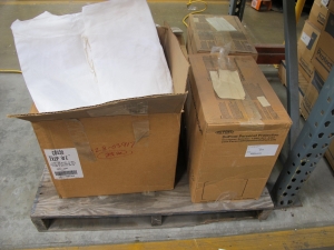 LOT TO INCLUDE: (7 CASES) COVERALLS, X-LARGE SIZE, TYCHEM SL MATERIAL, WHITE COLOR. COVERALL, COLLAR, ELASTIC WRISTS, ELASTIC ANKLES, FRONT ZIPPER CLOSURE, STORM FLAP OVER ZIPPER 12/CASE, (36) "COVERALL, XXL SIZE, HAZARDOUS MATERIAL/CHEMICAL PROTECTION KIND, SARANEX-LAMINATED TYVEK WITH NSR SEALED SEAMS MATERIAL, WHITE COLOR. ZIPPERED FRONT, ATTACHED HOOD AND BOOTS, AND ELASTIC WRISTS, NOT INCINERABLE, (100) COVERALL, LARGE SIZE, DISPOSABLE KIND, POLYPROPYLENE MATERIAL, BLUE COLOR. ZIPPER FRONT WITH OPEN SLEEVES AND ANKLES. 25 PER CASE. . LOADING & HANDLING FEE $15-4217